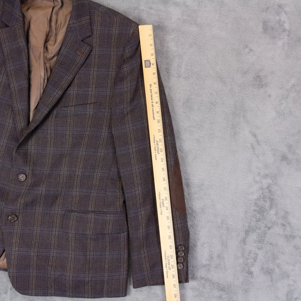 Stafford Sport Coat Blazer Mens 42R Slim Fit Brown Plaid Suede Elbow Patches
